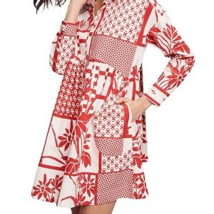 ANTHROPOLOGIE Maeve Poplin Tie Waist Shirt Dress in Red & White Print — S